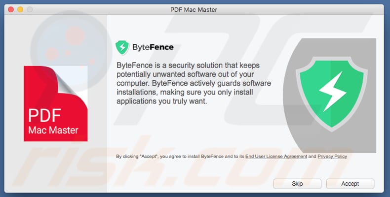PDF Mac Master installer promoting ByteFence potentially unwanted application