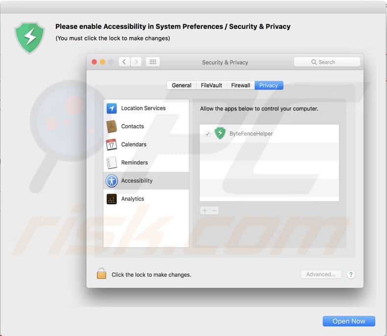 ByteFence asking to grant accessibility permissions in Security & Privacy settings