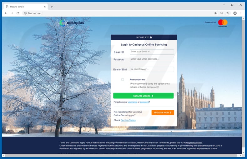 fake cashplus website asking to update account details