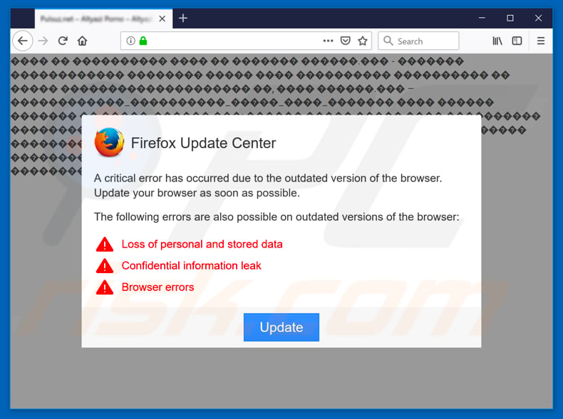 Chrome Update Center deceptive website opened using Mozilla Firefox browser