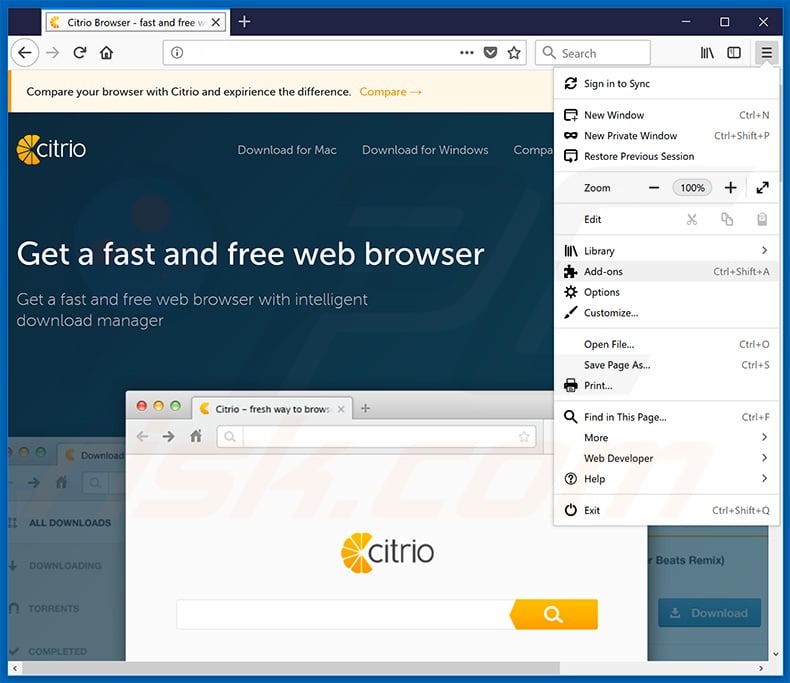 Removing Citrio Browser ads from Mozilla Firefox step 1