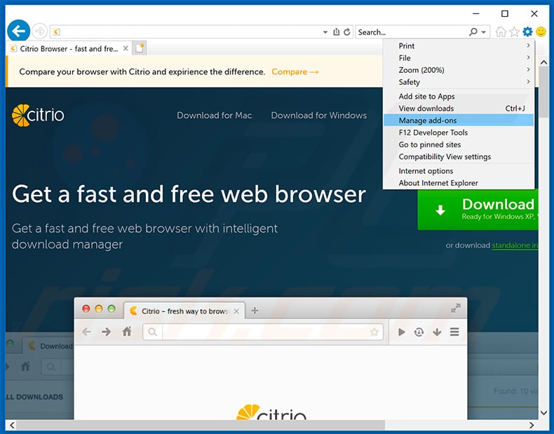 Removing Citrio Browser ads from Internet Explorer step 1