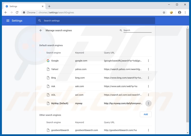 Removing hp.myway.com from Google Chrome default search engine