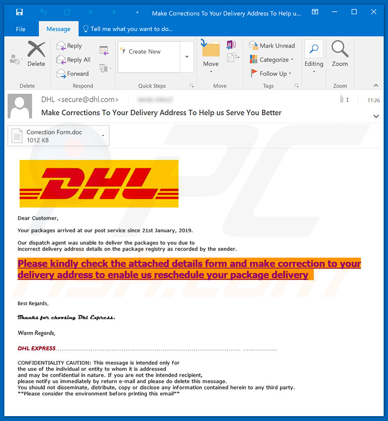 DHL Email Virus spam campaign distributing FormBook