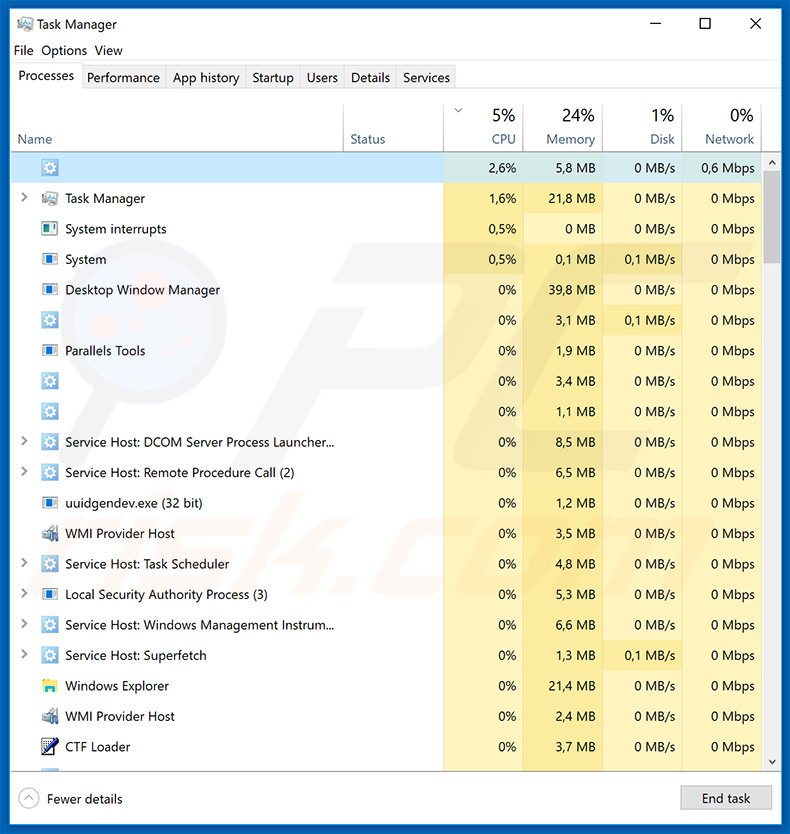 Emotet trojan in Windows Task Manager