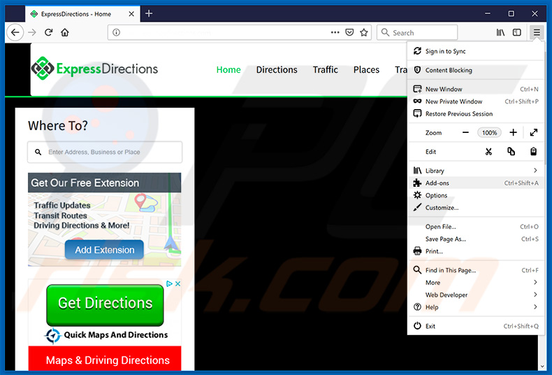 Removing ExpressDirections ads from Mozilla Firefox step 1