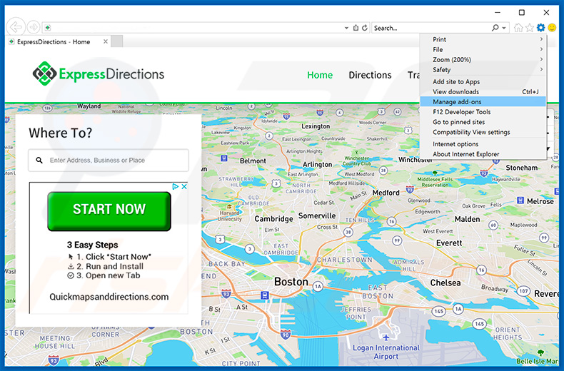 Removing ExpressDirections ads from Internet Explorer step 1
