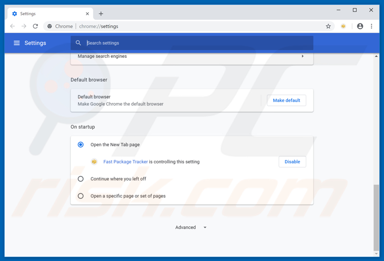 Removing search.hfastpackagetracker.net from Google Chrome homepage