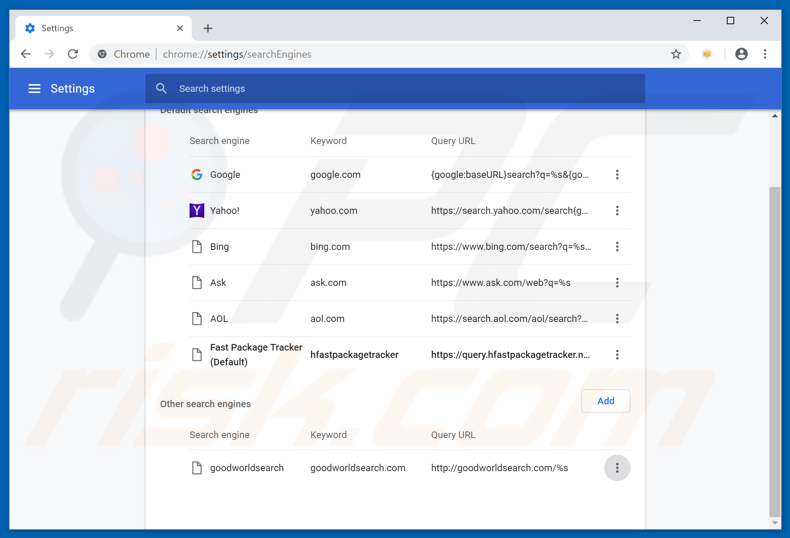 Removing search.hfastpackagetracker.net from Google Chrome default search engine