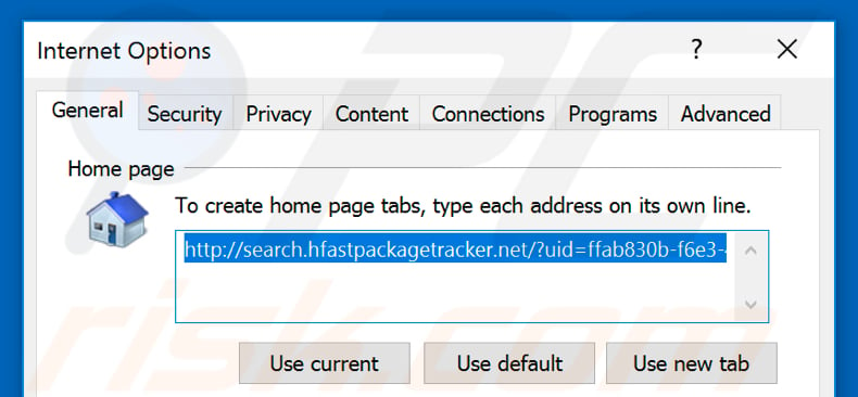 Removing search.hfastpackagetracker.net from Internet Explorer homepage