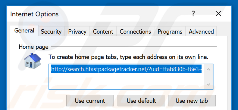 Removing search.hfastpackagetracker.net from Internet Explorer homepage