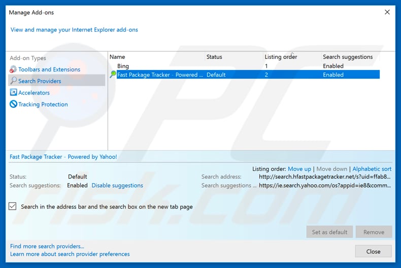 Removing search.hfastpackagetracker.net from Internet Explorer default search engine
