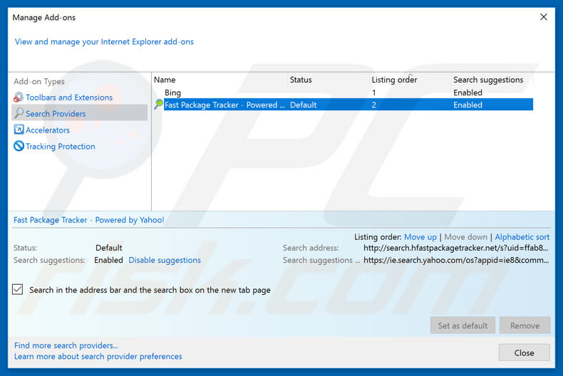 Removing search.hfastpackagetracker.net from Internet Explorer default search engine