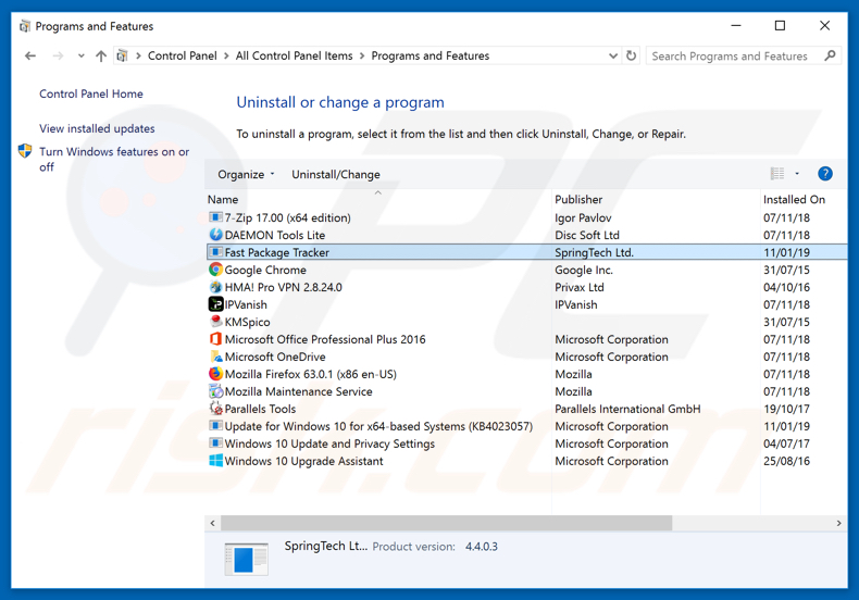 search.hfastpackagetracker.net browser hijacker uninstall via Control Panel