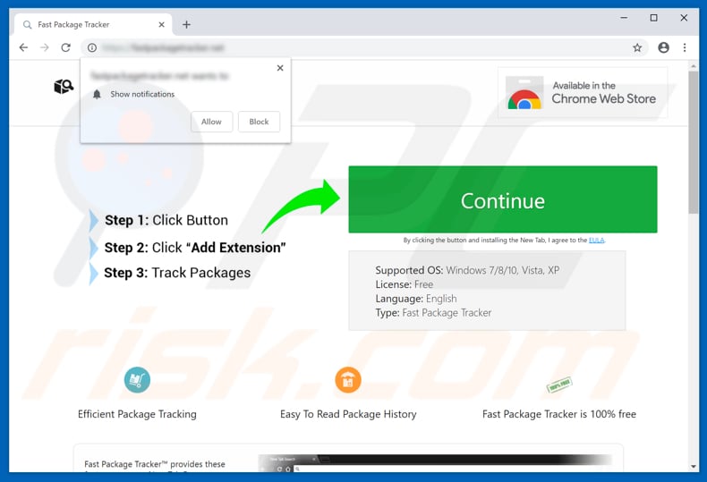 Website used to promote Fast Package Tracker browser hijacker