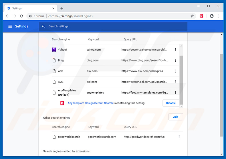 Removing feed.any-templates.com from Google Chrome default search engine
