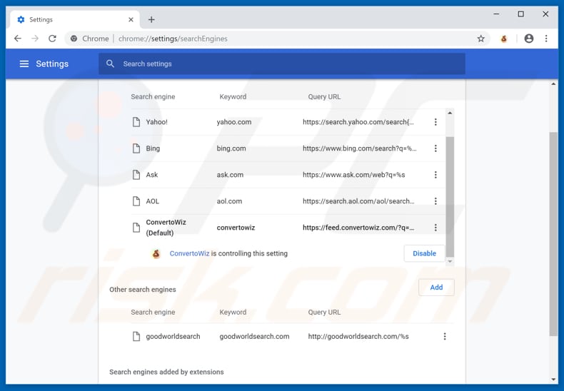Removing feed.convertowiz.com  from Google Chrome default search engine