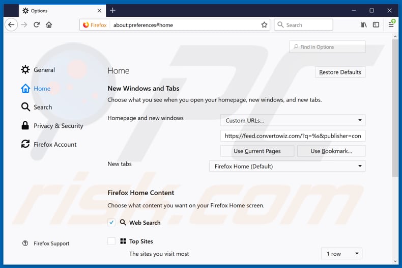 Removing feed.convertowiz.com  from Mozilla Firefox homepage