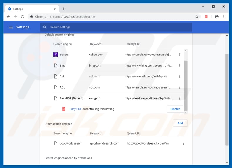 Removing feed.easy-pdf.com from Google Chrome default search engine