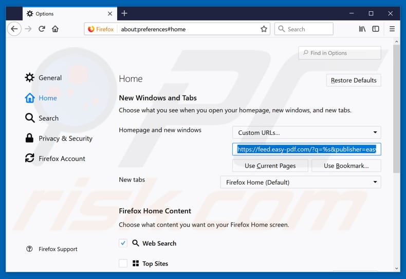 Removing feed.easy-pdf.com from Mozilla Firefox homepage