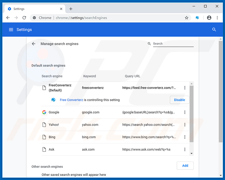 Removing free-converterz.com from Google Chrome default search engine