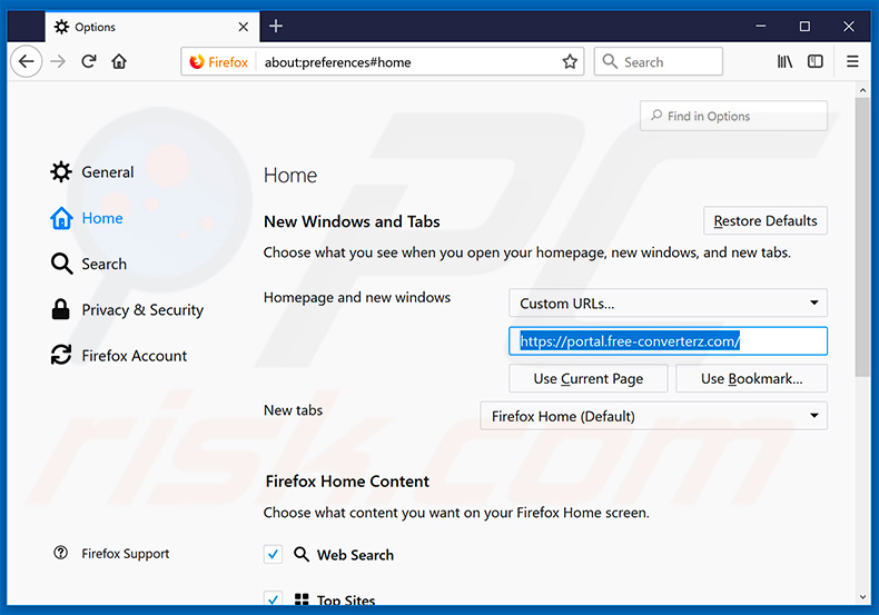 Removing free-converterz.com from Mozilla Firefox homepage