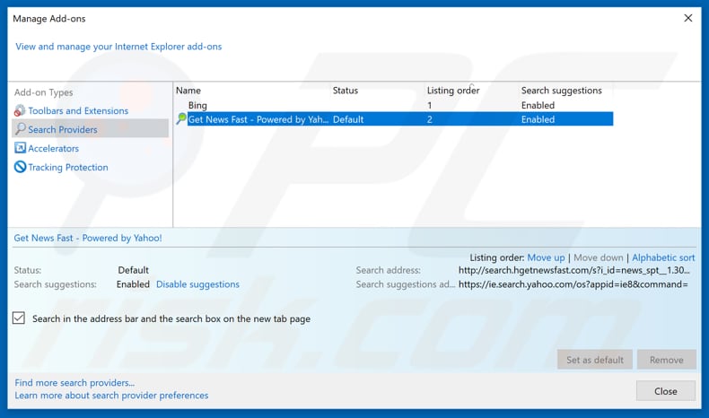 Removing search.hgetnewsfast.com from Internet Explorer default search engine