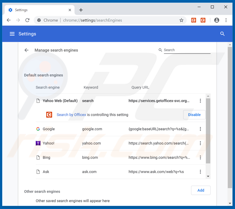 Removing getofficex.org from Google Chrome default search engine