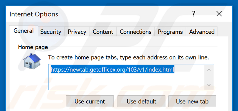 Removing getofficex.org from Internet Explorer homepage