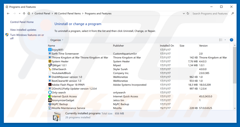 getofficex.org browser hijacker uninstall via Control Panel