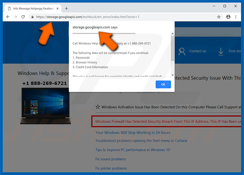 googleapis.com promoting a deceptive fake tech support website