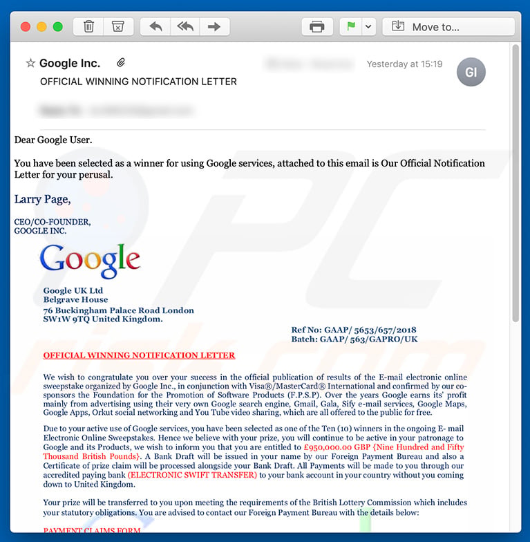 how to remove google winner email scam