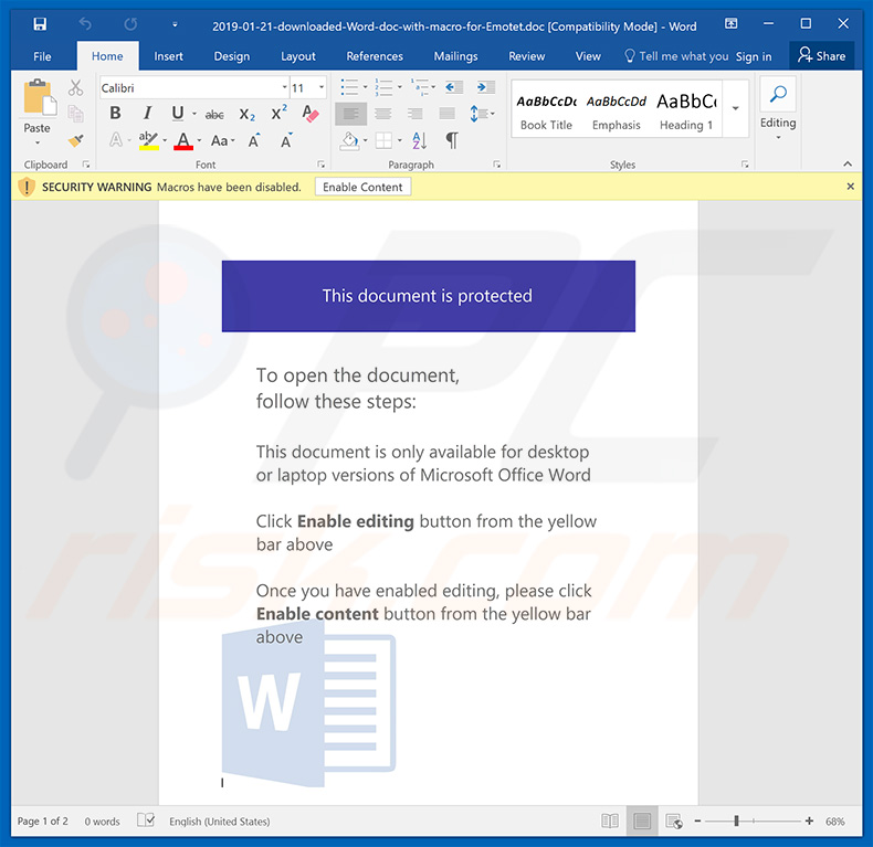 Malicious MS Word attachment used to distribute Emotet trojan which installs GootKit