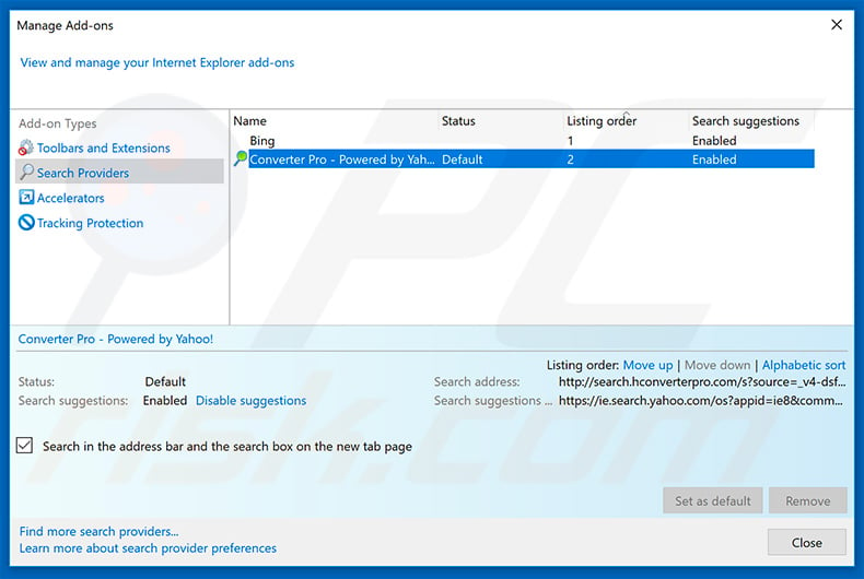 Removing search.hconverterpro.com from Internet Explorer default search engine