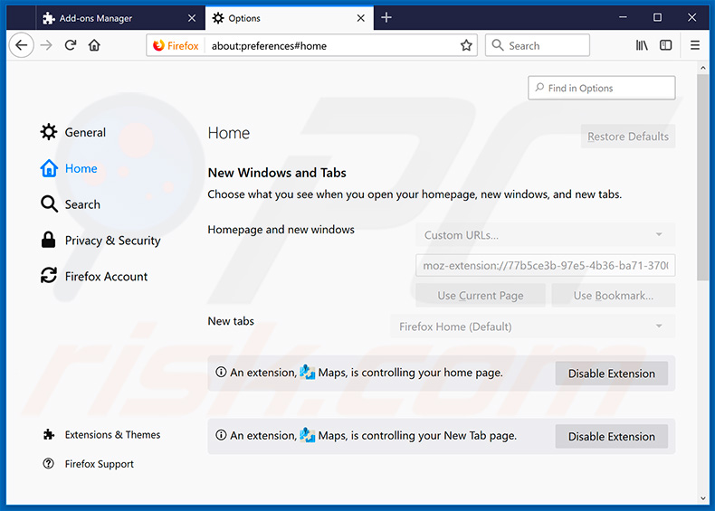 Removing search.hdirectionsandmapstab.com from Mozilla Firefox homepage