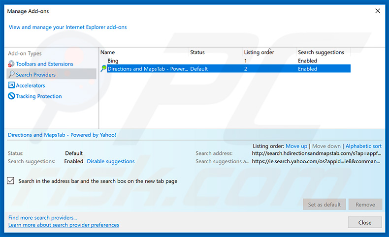 Removing search.hdirectionsandmapstab.com from Internet Explorer default search engine