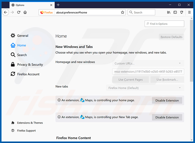Removing search.hfastmapsanddirections.com from Mozilla Firefox homepage