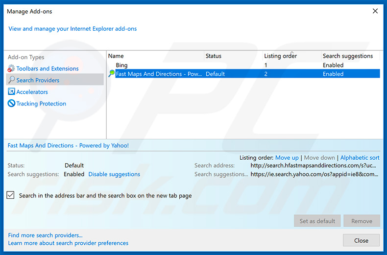 Removing search.hfastmapsanddirections.com from Internet Explorer default search engine