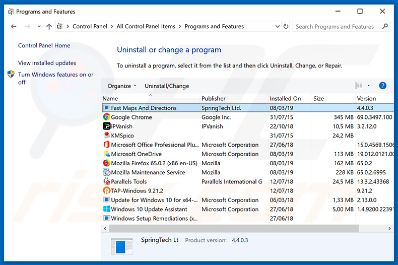 search.hfastmapsanddirections.com browser hijacker uninstall via Control Panel