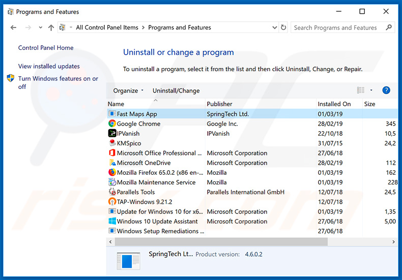 search.hfastmapsapp.com browser hijacker uninstall via Control Panel