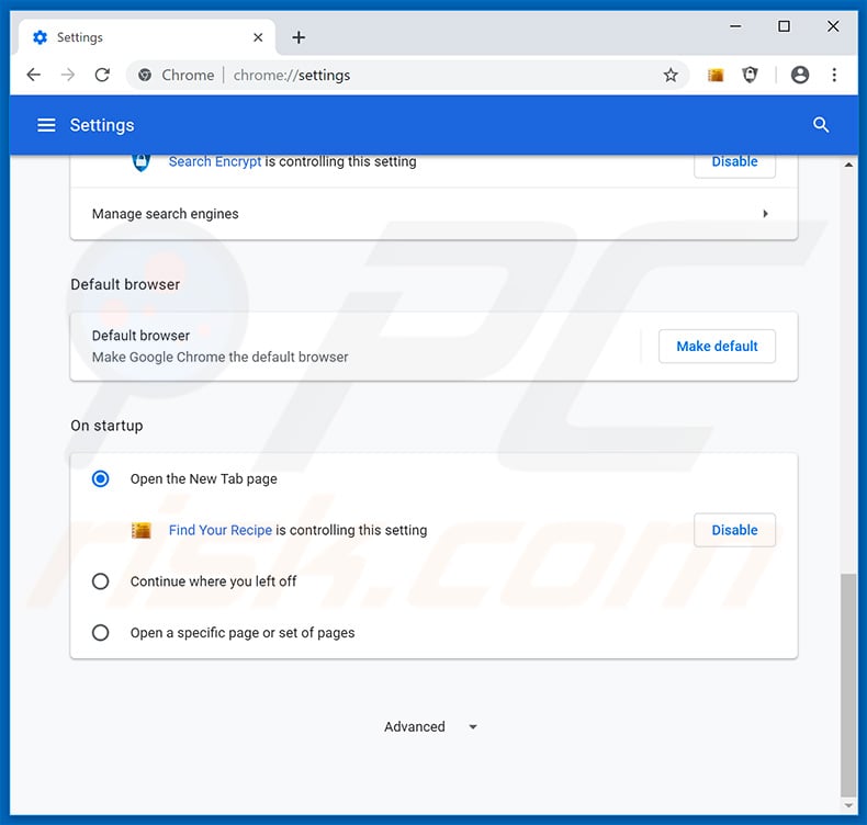 Removing search.hfindyourrecipe.com from Google Chrome homepage