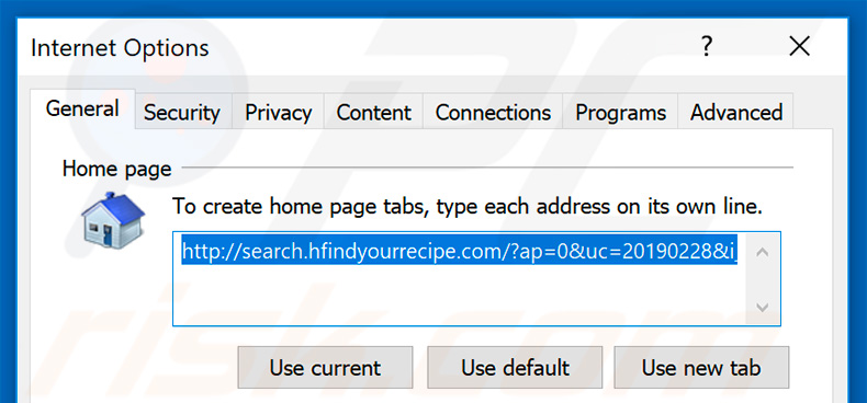 Removing search.hfindyourrecipe.com from Internet Explorer homepage