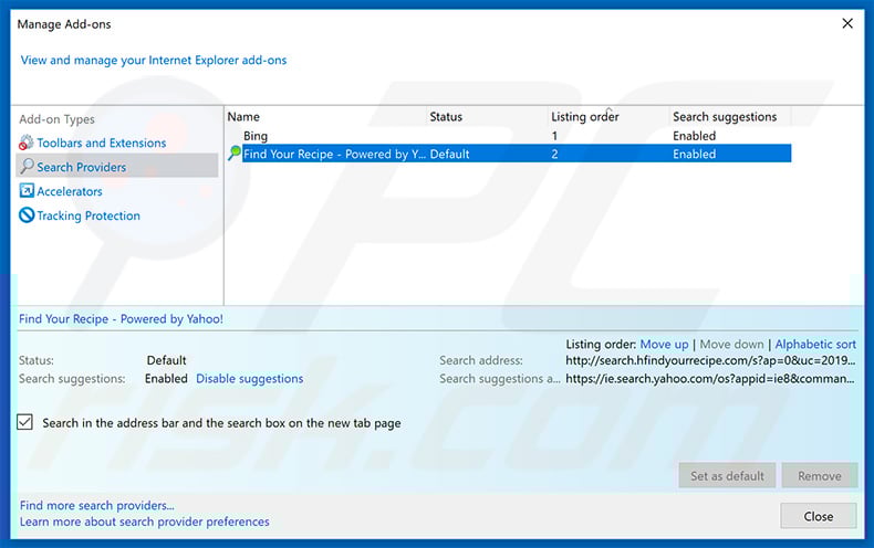 Removing search.hfindyourrecipe.com from Internet Explorer default search engine