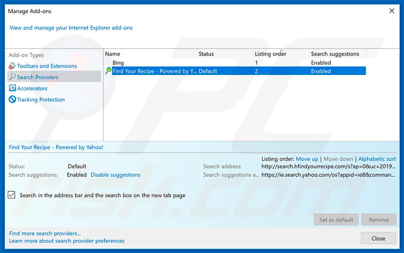 Removing search.hfindyourrecipe.com from Internet Explorer default search engine