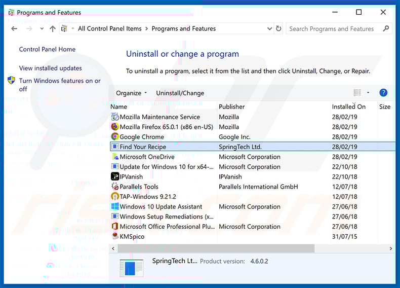 search.hfindyourrecipe.com browser hijacker uninstall via Control Panel