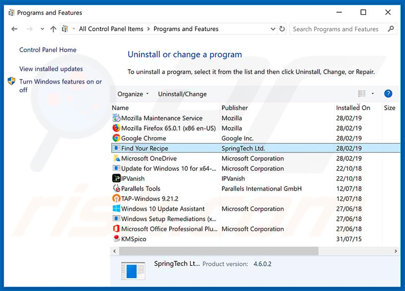 search.hfindyourrecipe.com browser hijacker uninstall via Control Panel