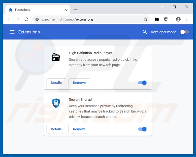 Removing search.hhighdefinitionradioplayer.com related Google Chrome extensions