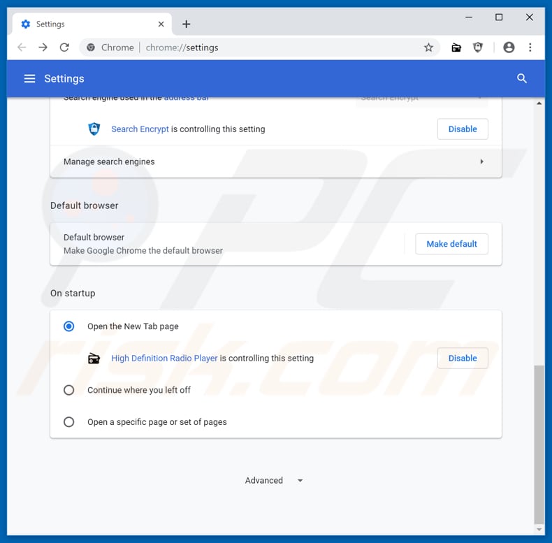 Removing search.hhighdefinitionradioplayer.com from Google Chrome homepage