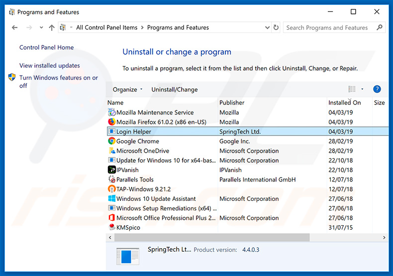 search.hloginhelper.co browser hijacker uninstall via Control Panel