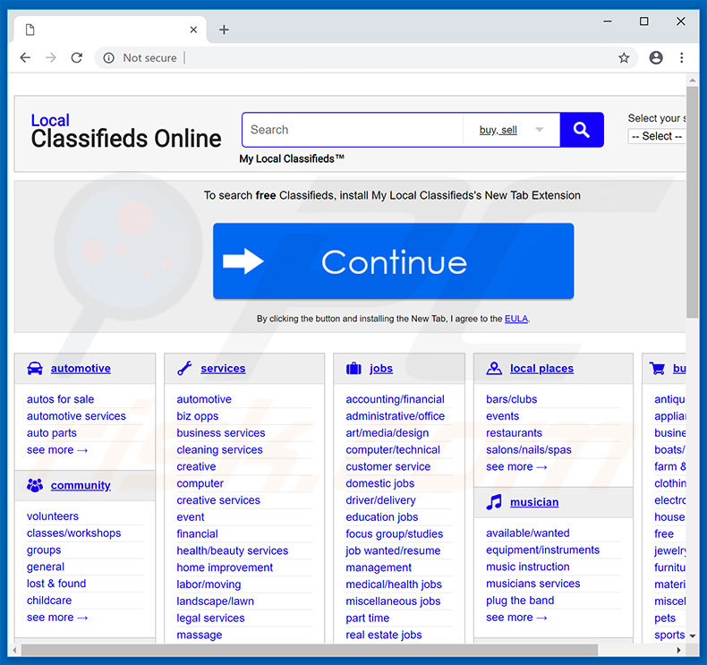 Website used to promote My Classifieds List browser hijacker